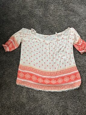 Skies Are Blue Coral and Cream Boho Off-Shoulder Tunic Top